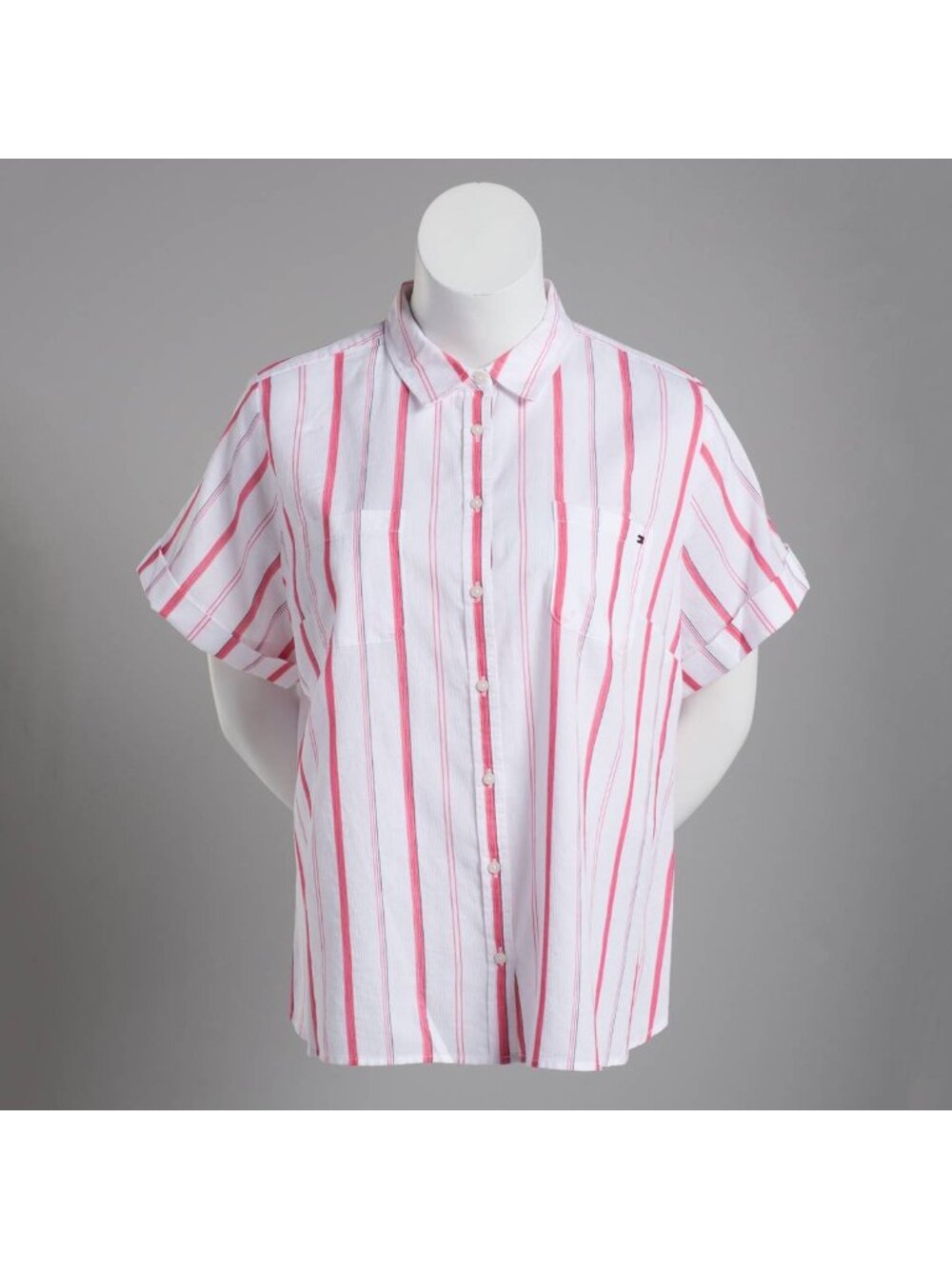 Tommy Hilfiger Womens Striped Short Sleeve Sportswear Top Pink Size 2X NWT